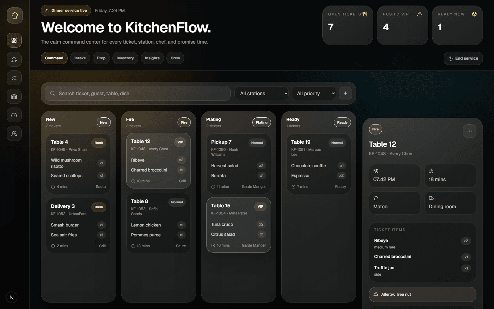 KitchenFlow command board with live ticket lanes and ticket detail panel