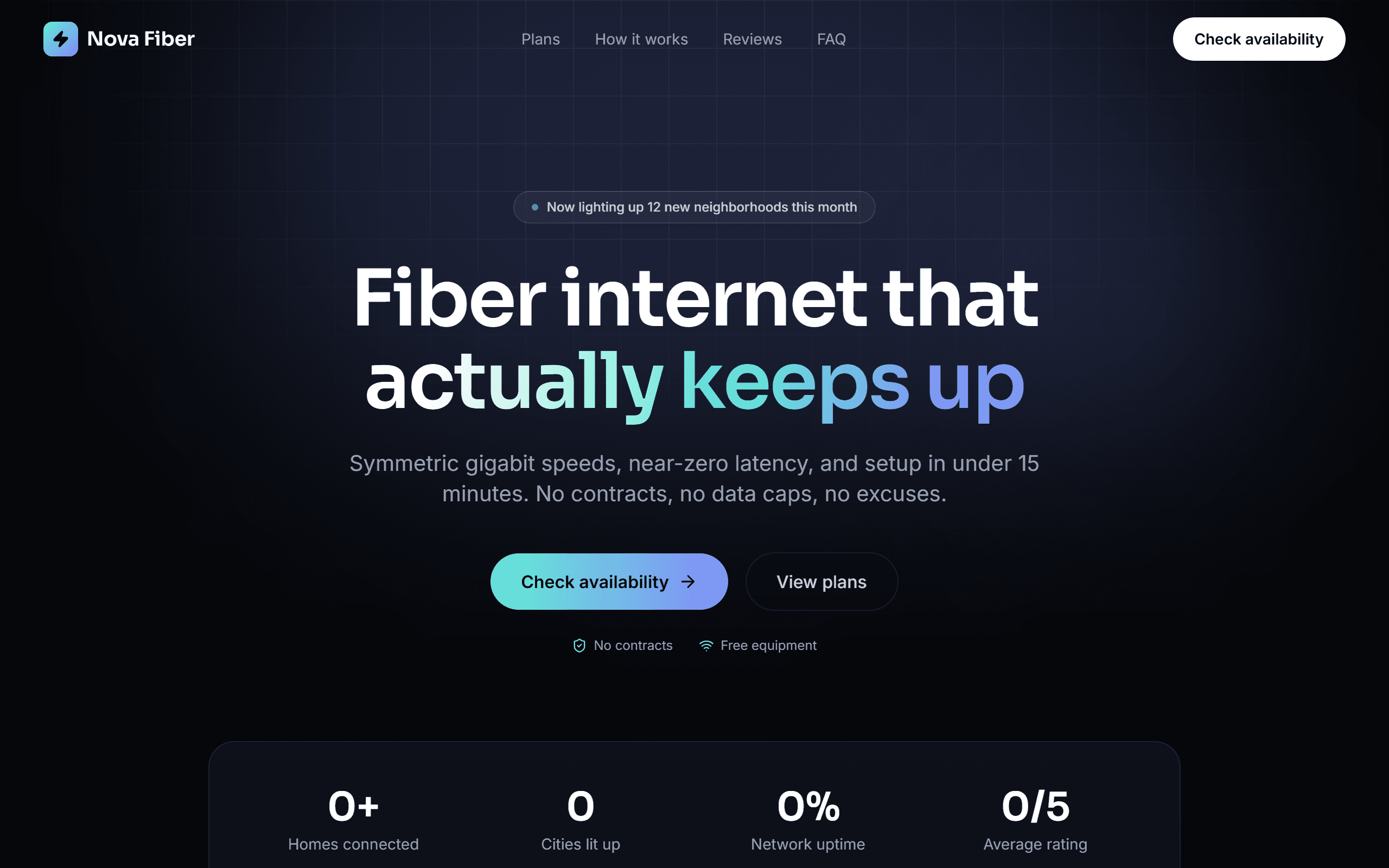 Nova Fiber landing page hero with availability stats