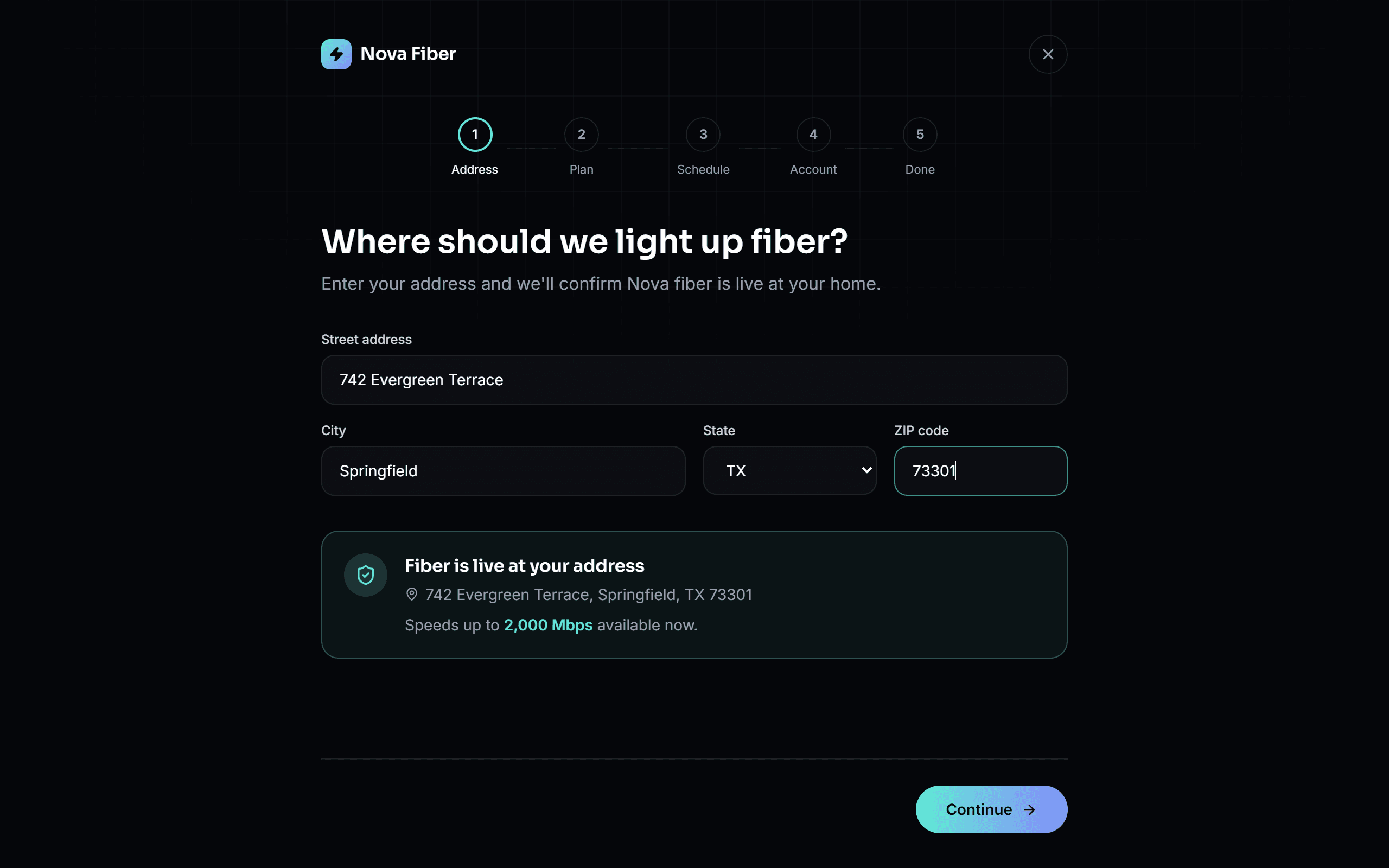 Nova Fiber signup wizard address verification step showing fiber is available
