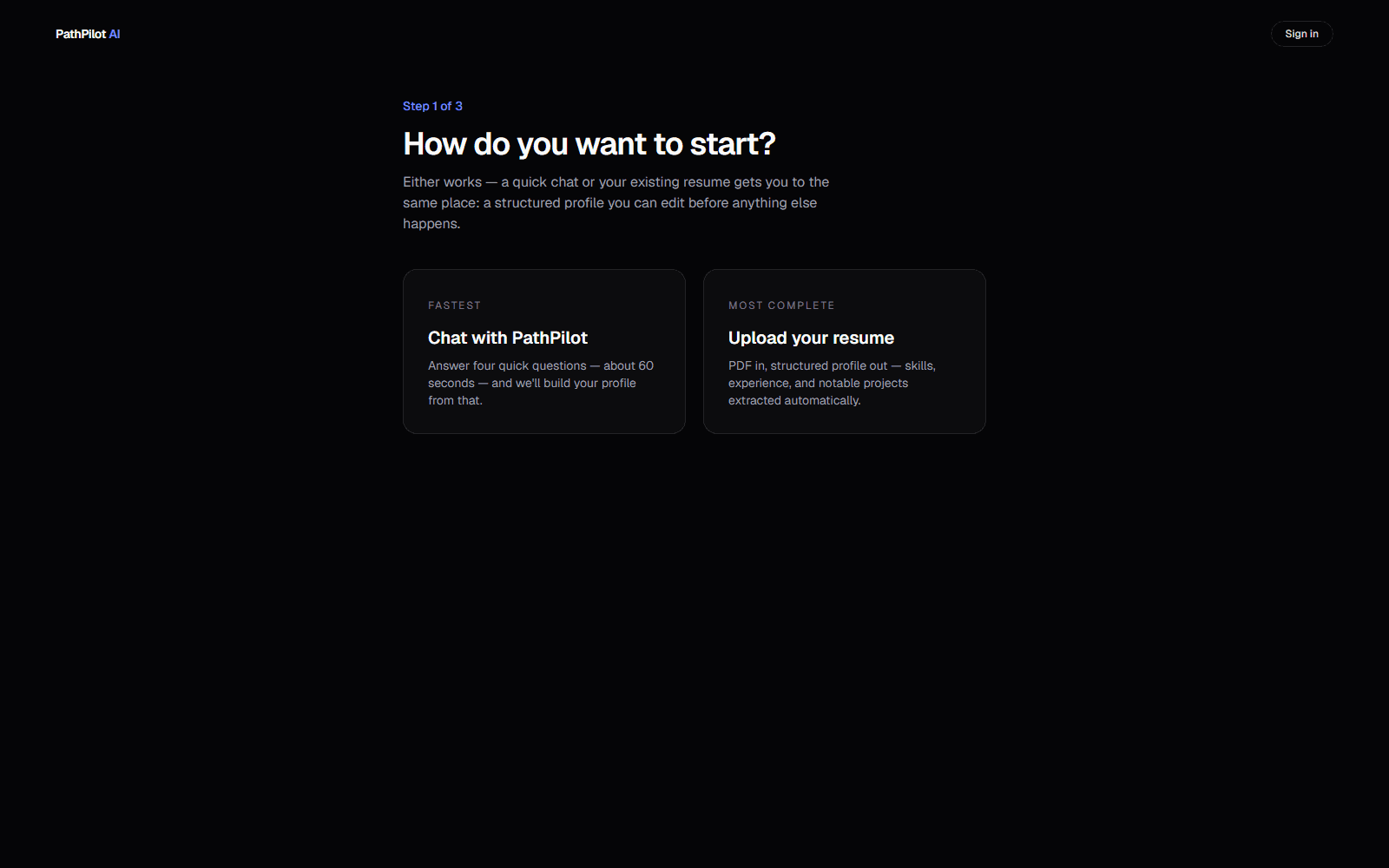PathPilot AI onboarding step choosing between chat or resume upload