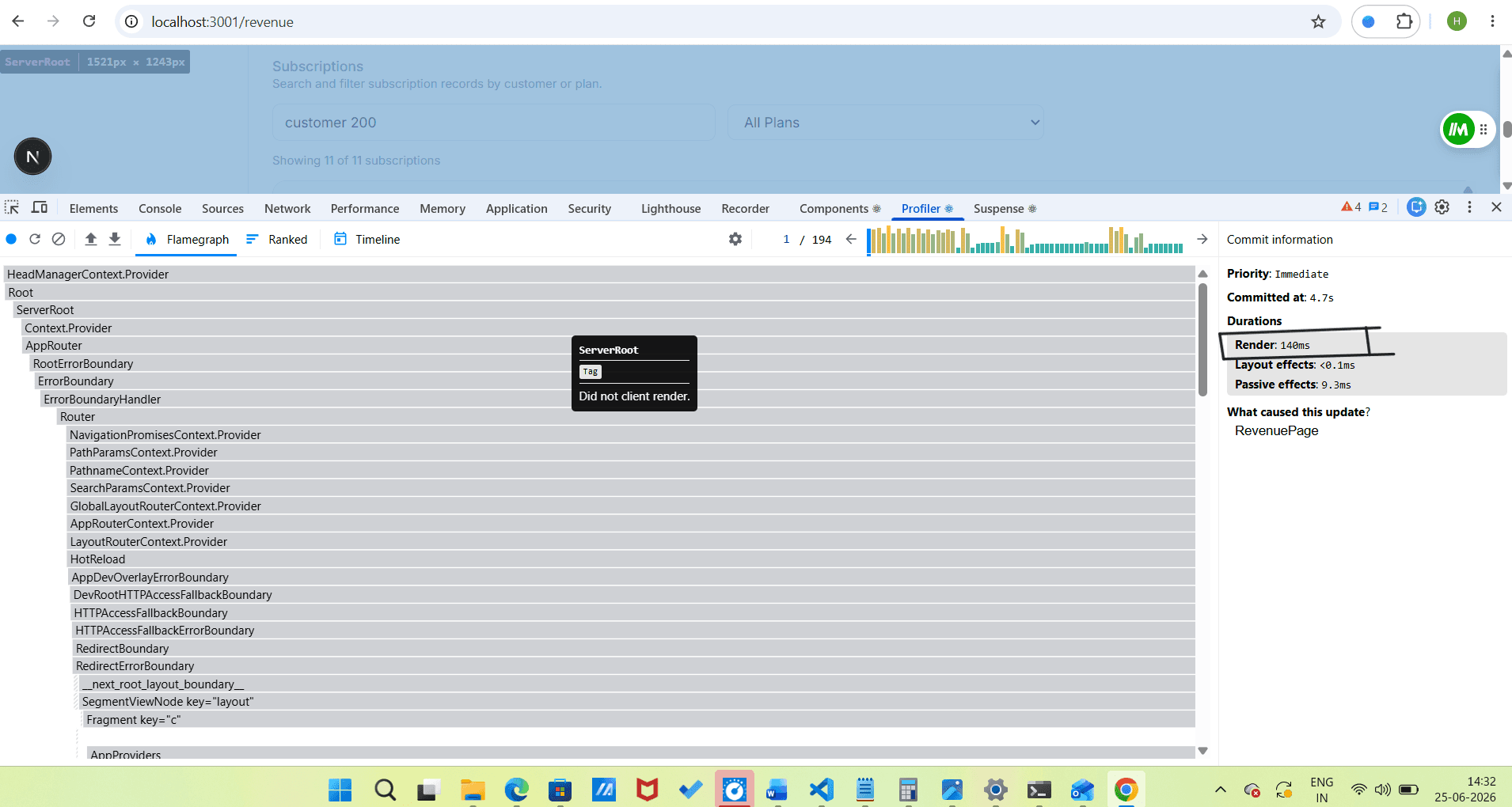 RevenuePulse optimized React Profiler screenshot