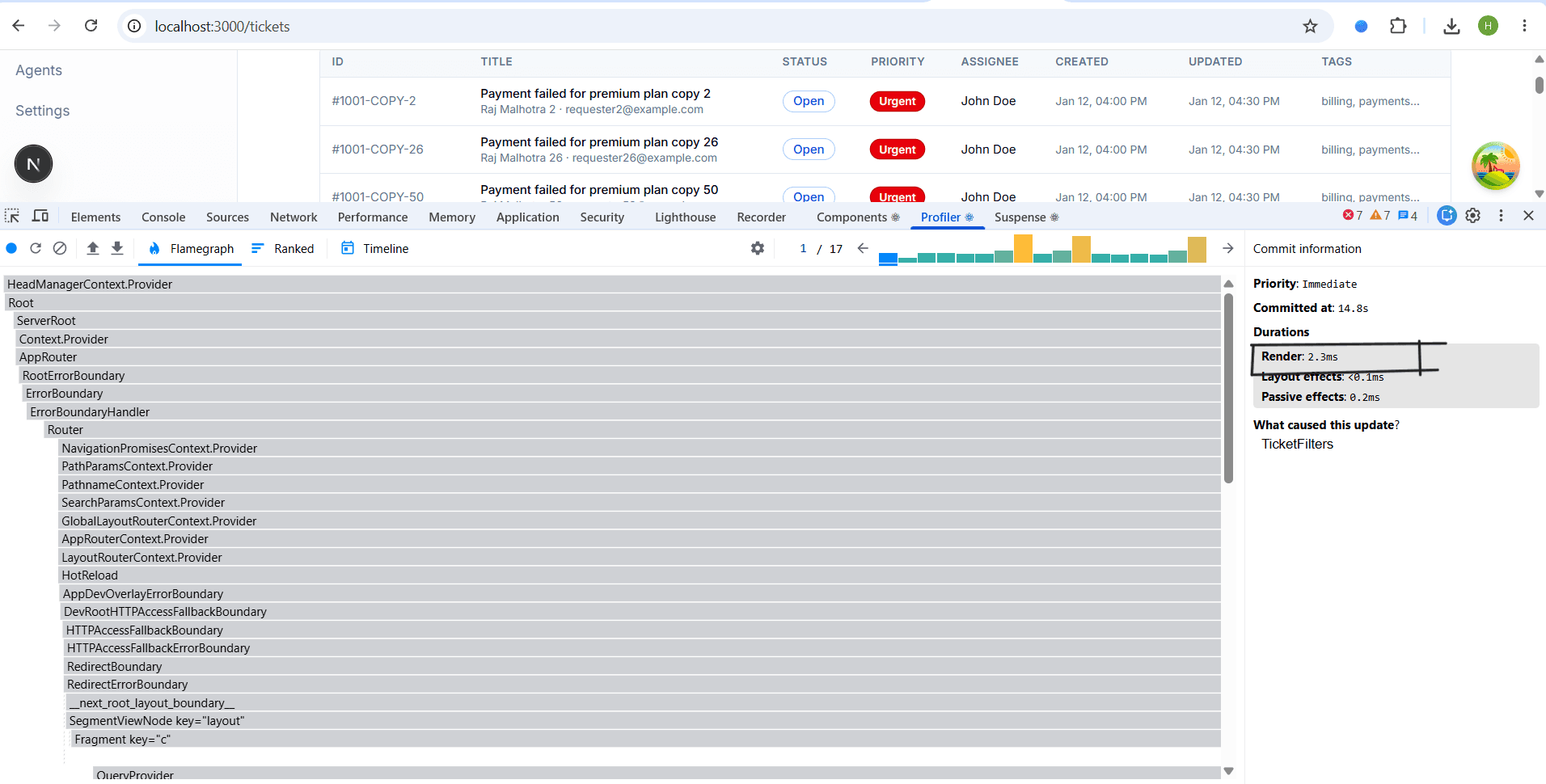SupportDesk optimized React Profiler screenshot