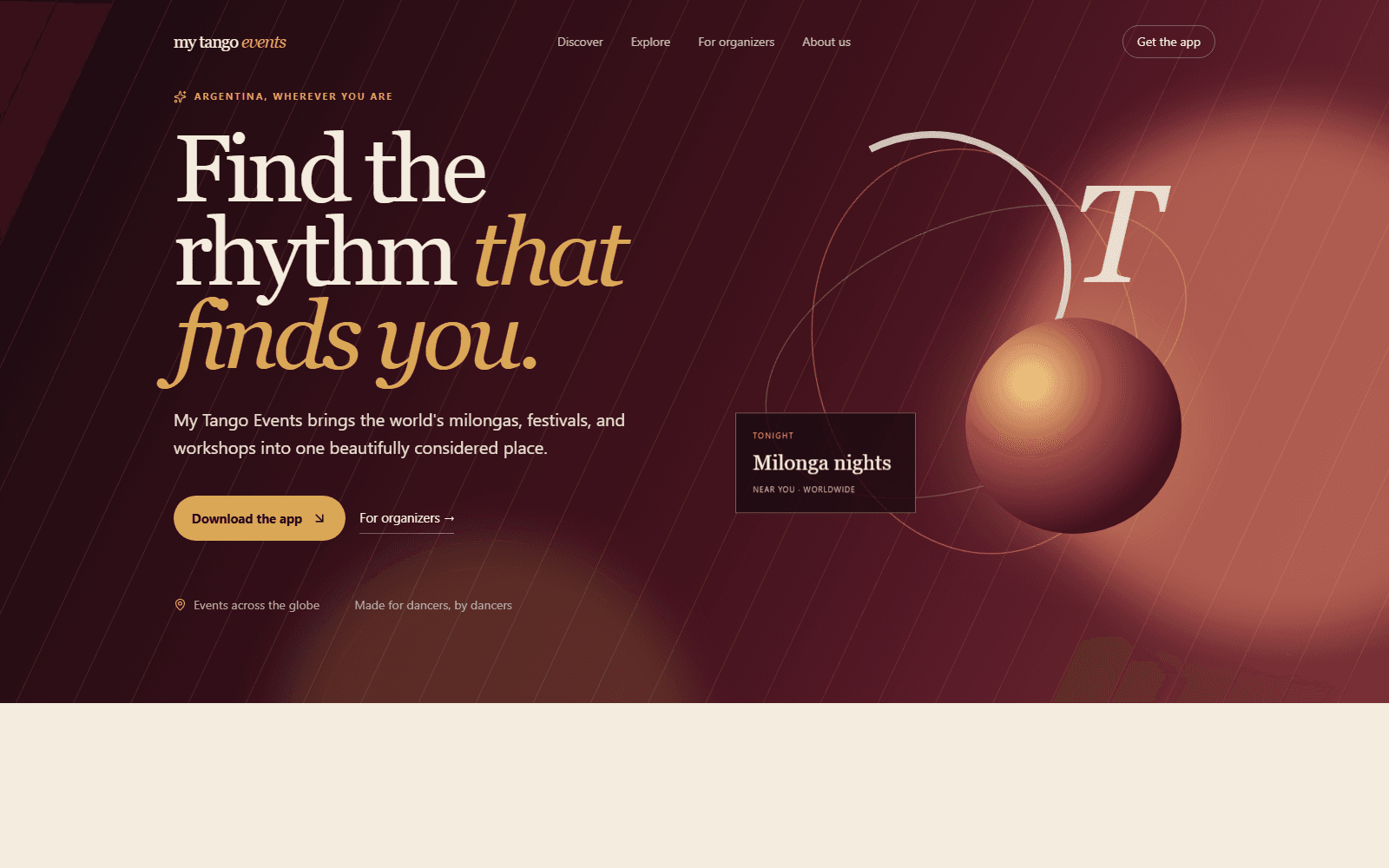 My Tango Events landing page hero with editorial typography and a warm wine-and-gold art direction