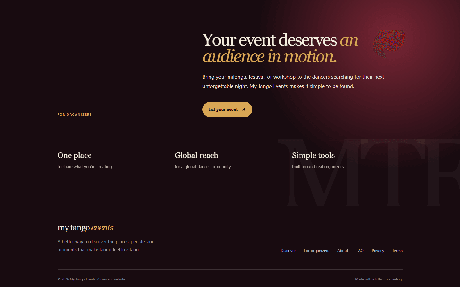 My Tango Events organizer section inviting event hosts to list their event